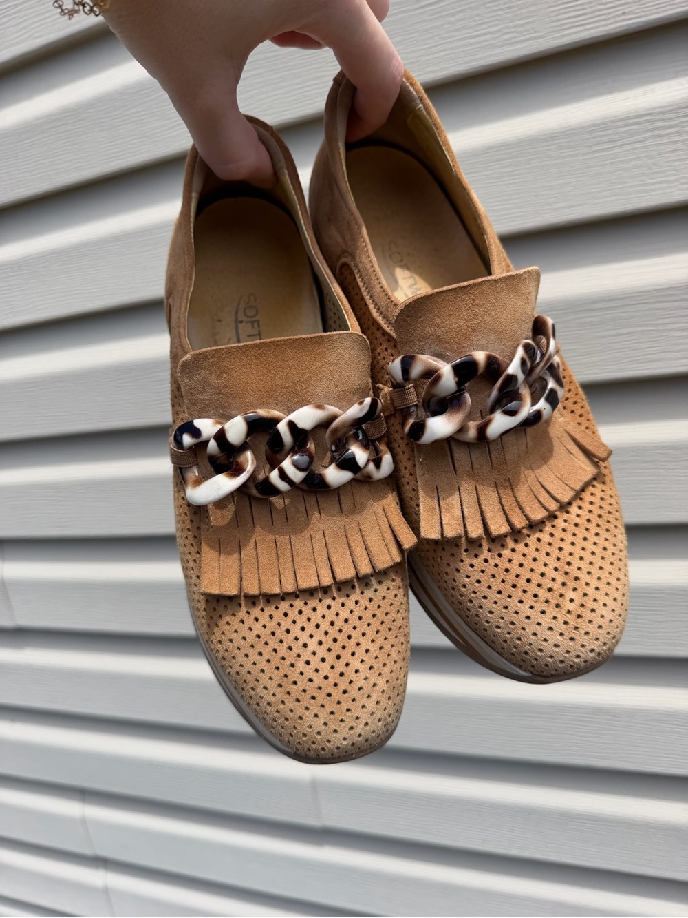 Suede Fringe Platform Loafers with Tortoiseshell Chain - Tan